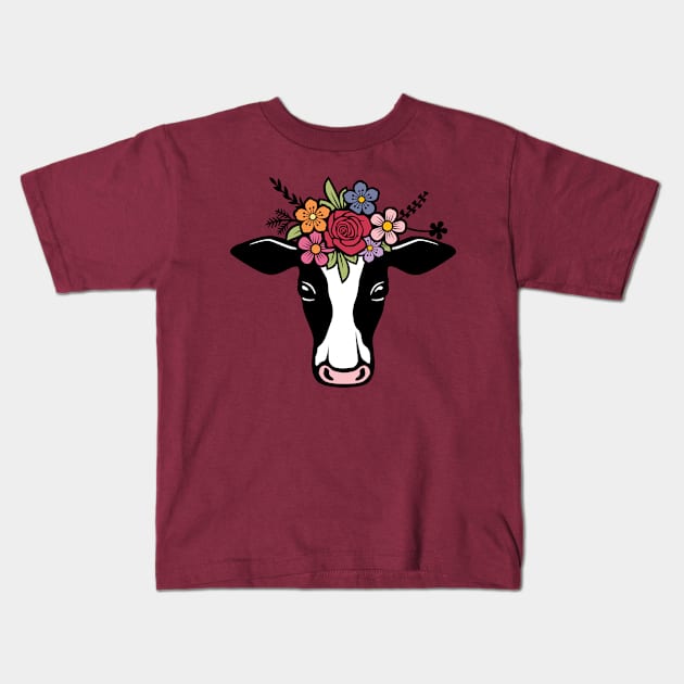 Cow Head With Colorful Flowers Kids T-Shirt by Protshirtdesign